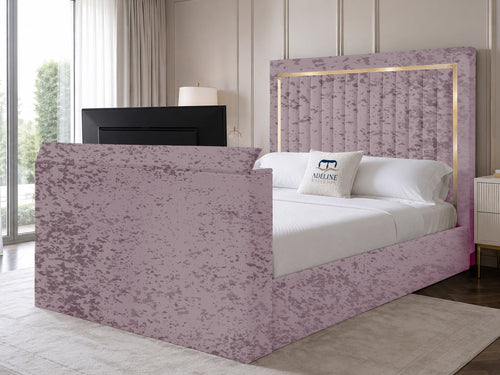 Opulent Gold Vertical Channel Storage TV Bed Set with End Lift – 54" Floor Standing Headboard