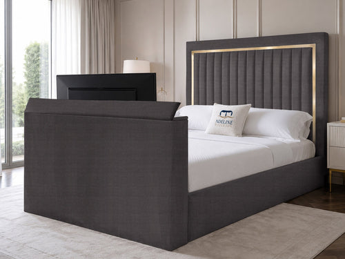 Opulent Gold Vertical Channel Storage TV Bed Set with End Lift – 54" Floor Standing Headboard