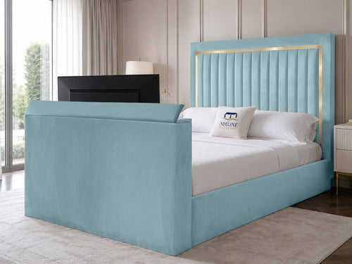 Opulent Gold Vertical Channel Storage TV Bed Set with End Lift – 54" Floor Standing Headboard
