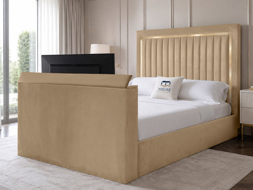 Opulent Gold Vertical Channel Storage TV Bed Set with End Lift – 60" Floor Standing Headboard