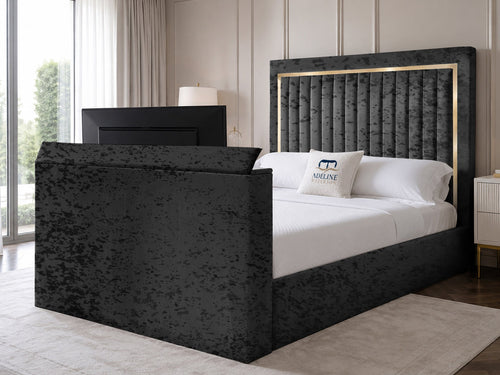 Opulent Gold Vertical Channel Storage TV Bed Set with End Lift – 60" Floor Standing Headboard