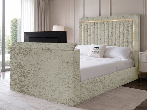 Opulent Gold Vertical Channel Storage TV Bed Set with End Lift – 60" Floor Standing Headboard
