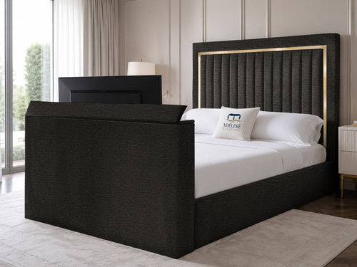 Opulent Gold Vertical Channel Storage TV Bed Set with End Lift – 60" Floor Standing Headboard