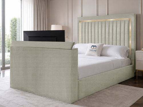 Opulent Gold Vertical Channel Storage TV Bed Set with End Lift – 60" Floor Standing Headboard