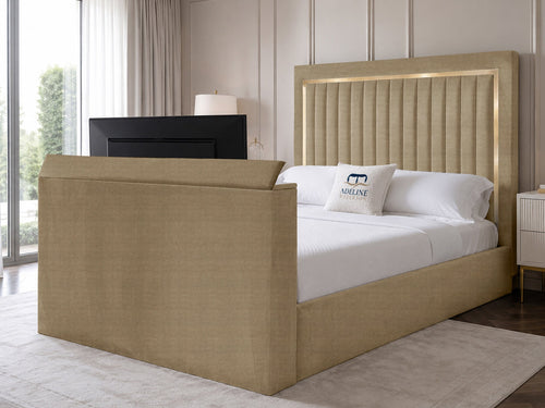 Opulent Gold Vertical Channel Storage TV Bed Set with End Lift – 60" Floor Standing Headboard