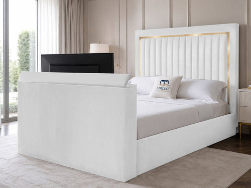 Opulent Gold Vertical Channel Storage TV Bed Set with End Lift – 60" Floor Standing Headboard
