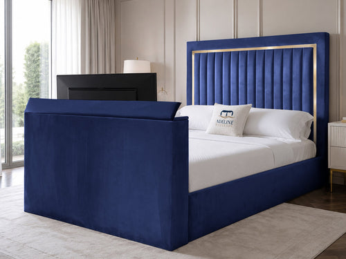 Opulent Gold Vertical Channel Storage TV Bed Set with End Lift – 60" Floor Standing Headboard