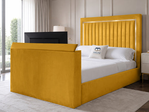 Opulent Gold Vertical Channel Storage TV Bed Set with End Lift – 60" Floor Standing Headboard