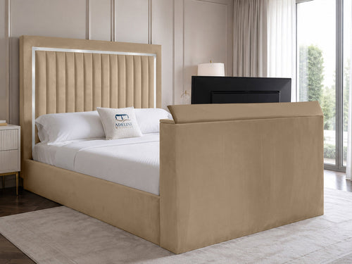Opulent Silver Vertical Channel Storage TV Bed Set with End Lift – 48" Floor Standing Headboard