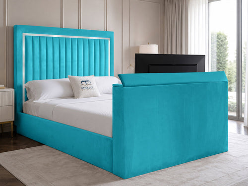 Opulent Silver Vertical Channel Storage TV Bed Set with End Lift – 48" Floor Standing Headboard