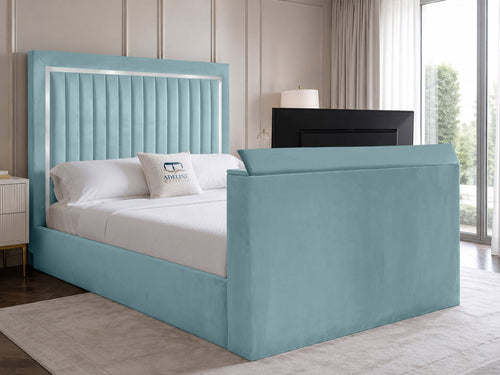 Opulent Silver Vertical Channel Storage TV Bed Set with End Lift – 48" Floor Standing Headboard