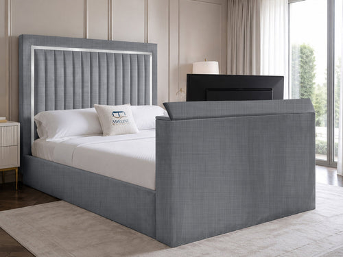 Opulent Silver Vertical Channel Storage TV Bed Set with End Lift – 54" Floor Standing Headboard