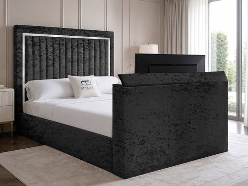 Opulent Silver Vertical Channel Storage TV Bed Set with End Lift – 54" Floor Standing Headboard
