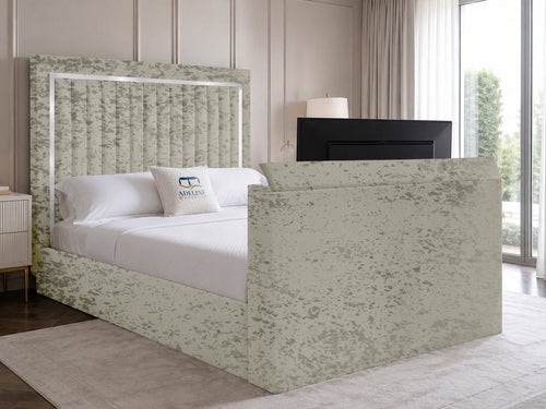 Opulent Silver Vertical Channel Storage TV Bed Set with End Lift – 54" Floor Standing Headboard