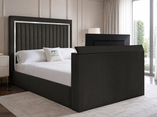 Opulent Silver Vertical Channel Storage TV Bed Set with End Lift – 54" Floor Standing Headboard
