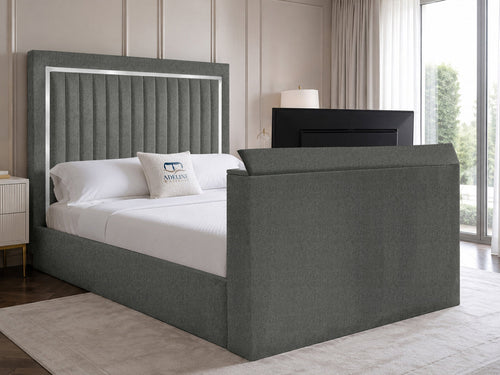 Opulent Silver Vertical Channel Storage TV Bed Set with End Lift – 54" Floor Standing Headboard