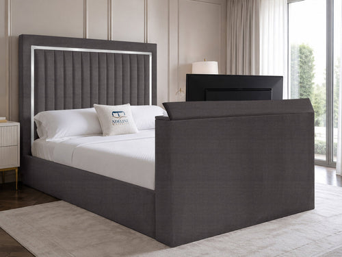 Opulent Silver Vertical Channel Storage TV Bed Set with End Lift – 54" Floor Standing Headboard