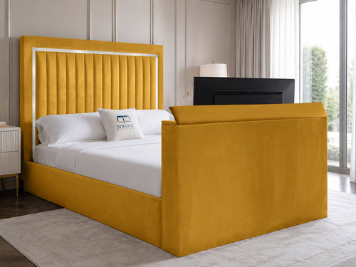 Opulent Silver Vertical Channel Storage TV Bed Set with End Lift – 54" Floor Standing Headboard