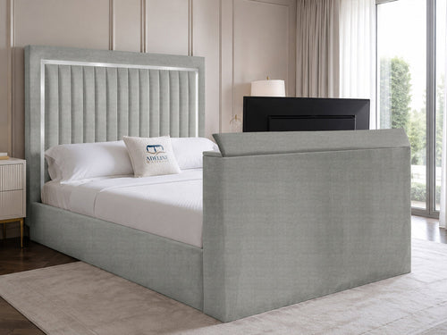 Opulent Silver Vertical Channel Storage TV Bed Set with End Lift – 54" Floor Standing Headboard