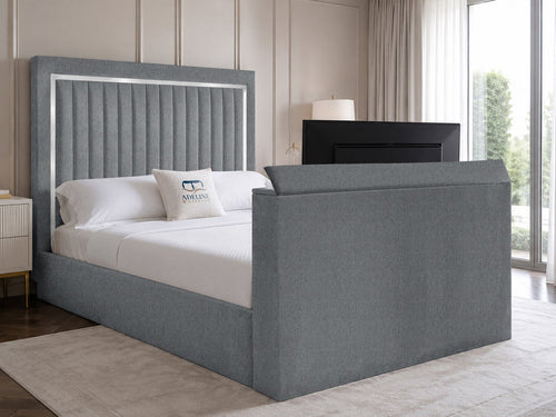 Opulent Silver Vertical Channel Storage TV Bed Set with End Lift – 54" Floor Standing Headboard