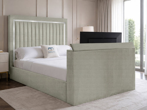 Opulent Silver Vertical Channel Storage TV Bed Set with End Lift – 60" Floor Standing Headboard