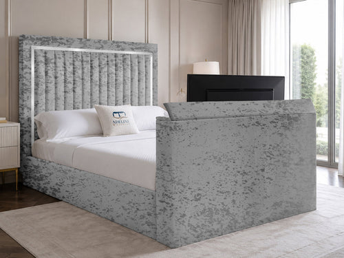 Opulent Silver Vertical Channel Storage TV Bed Set with End Lift – 60" Floor Standing Headboard