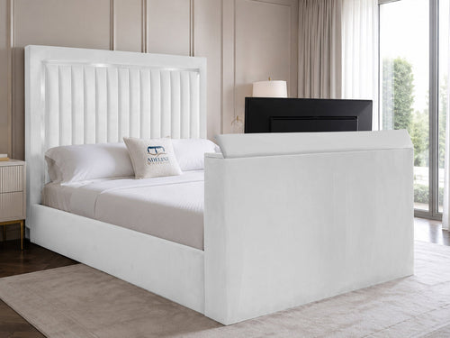 Opulent Silver Vertical Channel Storage TV Bed Set with End Lift – 60" Floor Standing Headboard