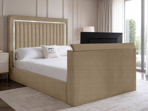 Opulent Silver Vertical Channel Storage TV Bed Set with End Lift – 60" Floor Standing Headboard