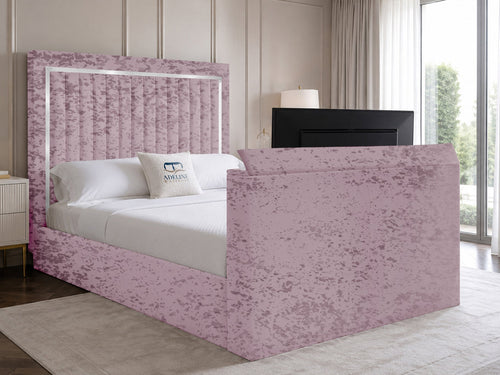 Opulent Silver Vertical Channel Storage TV Bed Set with End Lift – 60" Floor Standing Headboard