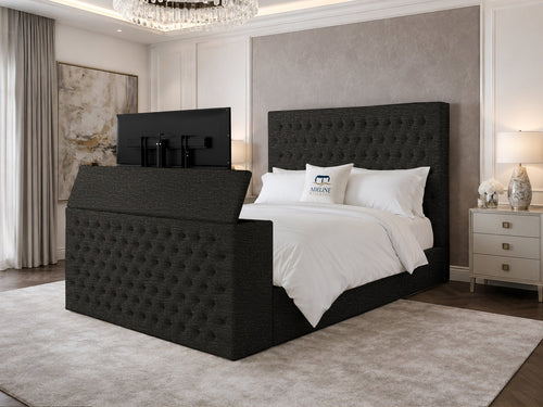 Regal Chesterfield Button-Tufted Wingback Storage TV Bed Set with End Lift – 48" Floor Standing Headboard