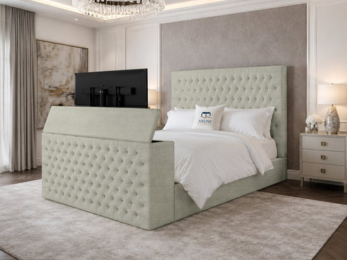 Regal Chesterfield Button-Tufted Wingback Storage TV Bed Set with End Lift – 48" Floor Standing Headboard