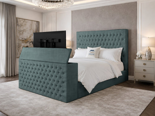 Regal Chesterfield Button-Tufted Wingback Storage TV Bed Set with End Lift – 48" Floor Standing Headboard