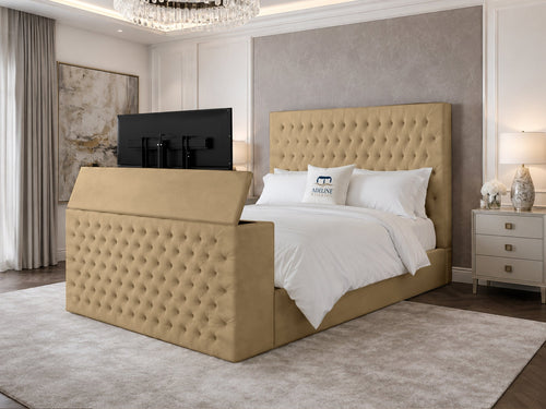 Regal Chesterfield Button-Tufted Wingback Storage TV Bed Set with End Lift – 48" Floor Standing Headboard