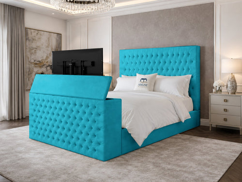 Regal Chesterfield Button-Tufted Wingback Storage TV Bed Set with End Lift – 48" Floor Standing Headboard