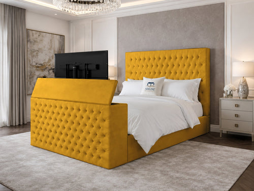 Regal Chesterfield Button-Tufted Wingback Storage TV Bed Set with End Lift – 48" Floor Standing Headboard
