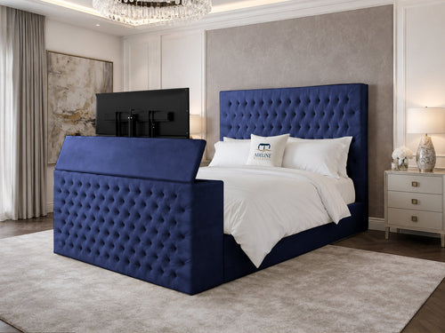 Regal Chesterfield Button-Tufted Wingback Storage TV Bed Set with End Lift – 48" Floor Standing Headboard