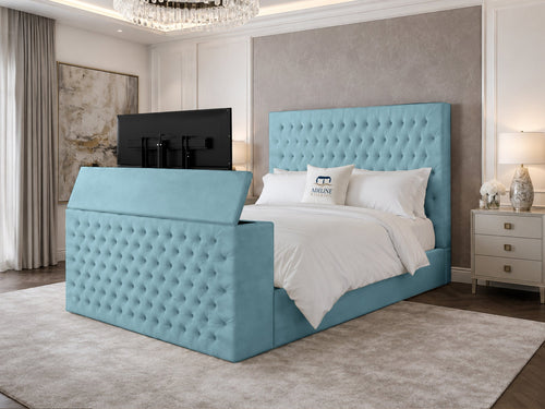 Regal Chesterfield Button-Tufted Wingback Storage TV Bed Set with End Lift – 48" Floor Standing Headboard