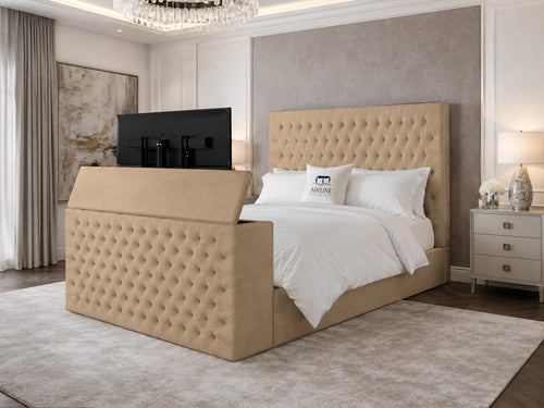 Regal Chesterfield Button-Tufted Wingback Storage TV Bed Set with End Lift – 54" Floor Standing Headboard