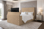 Beige Plush Velvet - Regal Chesterfield Button-Tufted Wingback Storage TV Bed Set with End Lift – 54" Floor Standing Headboard