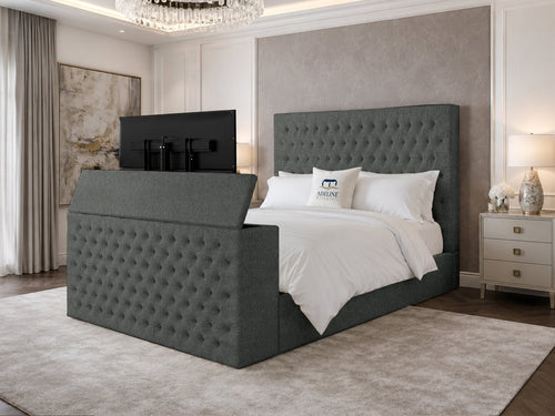 Regal Chesterfield Button-Tufted Wingback Storage TV Bed Set with End Lift – 54" Floor Standing Headboard