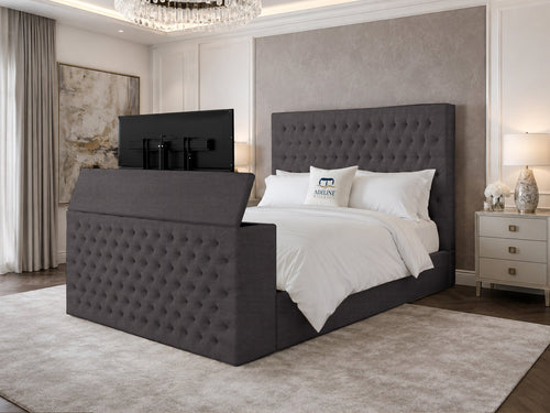 Regal Chesterfield Button-Tufted Wingback Storage TV Bed Set with End Lift – 54" Floor Standing Headboard