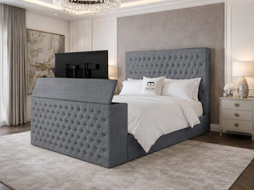 Regal Chesterfield Button-Tufted Wingback Storage TV Bed Set with End Lift – 60" Floor Standing Headboard