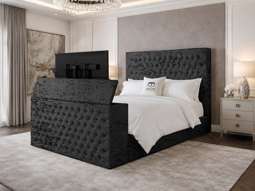 Regal Chesterfield Button-Tufted Wingback Storage TV Bed Set with End Lift – 60" Floor Standing Headboard