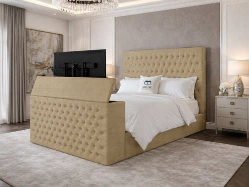 Regal Chesterfield Button-Tufted Wingback Storage TV Bed Set with End Lift – 60" Floor Standing Headboard
