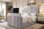 Silver Plush Velvet - Riviera Vertical Channel Storage TV Bed Set with End Lift – 48" Floor Standing Headboard