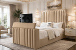 Beige Plush Velvet - Riviera Vertical Channel Storage TV Bed Set with End Lift – 48" Floor Standing Headboard