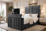 Black Crushed Velvet - Riviera Vertical Channel Storage TV Bed Set with End Lift – 48" Floor Standing Headboard