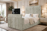 Champagne Crushed Velvet - Riviera Vertical Channel Storage TV Bed Set with End Lift – 48" Floor Standing Headboard