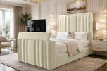 Cream Plush Velvet - Riviera Vertical Channel Storage TV Bed Set with End Lift – 48" Floor Standing Headboard