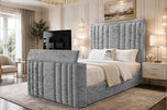 Grey Crushed Velvet - Riviera Vertical Channel Storage TV Bed Set with End Lift – 48" Floor Standing Headboard